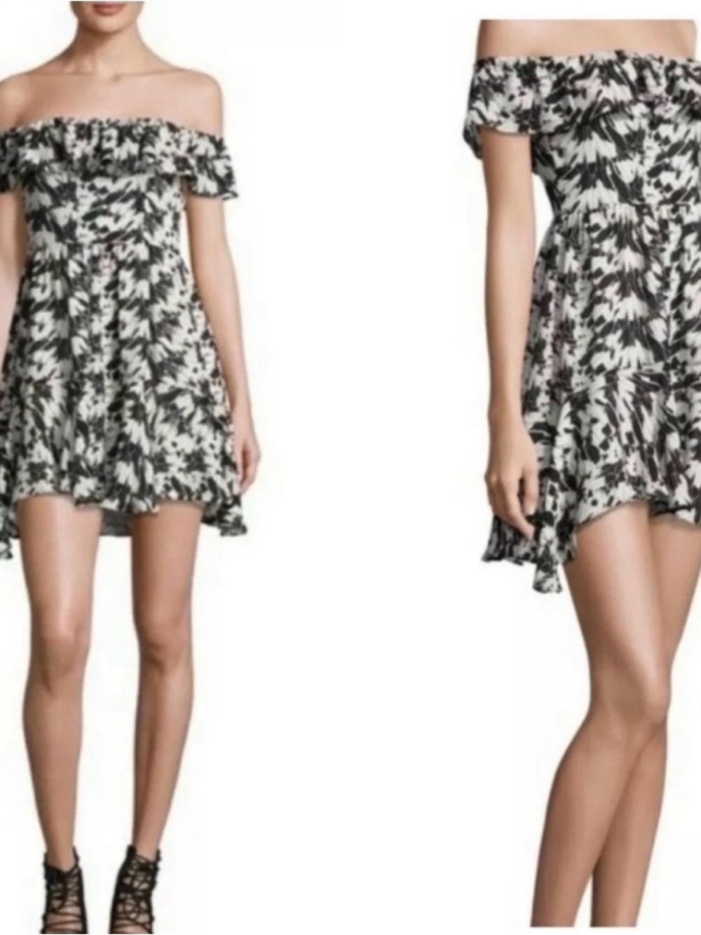 LoveShackFancy Black and White Off-Shoulder Floral Mini Dress